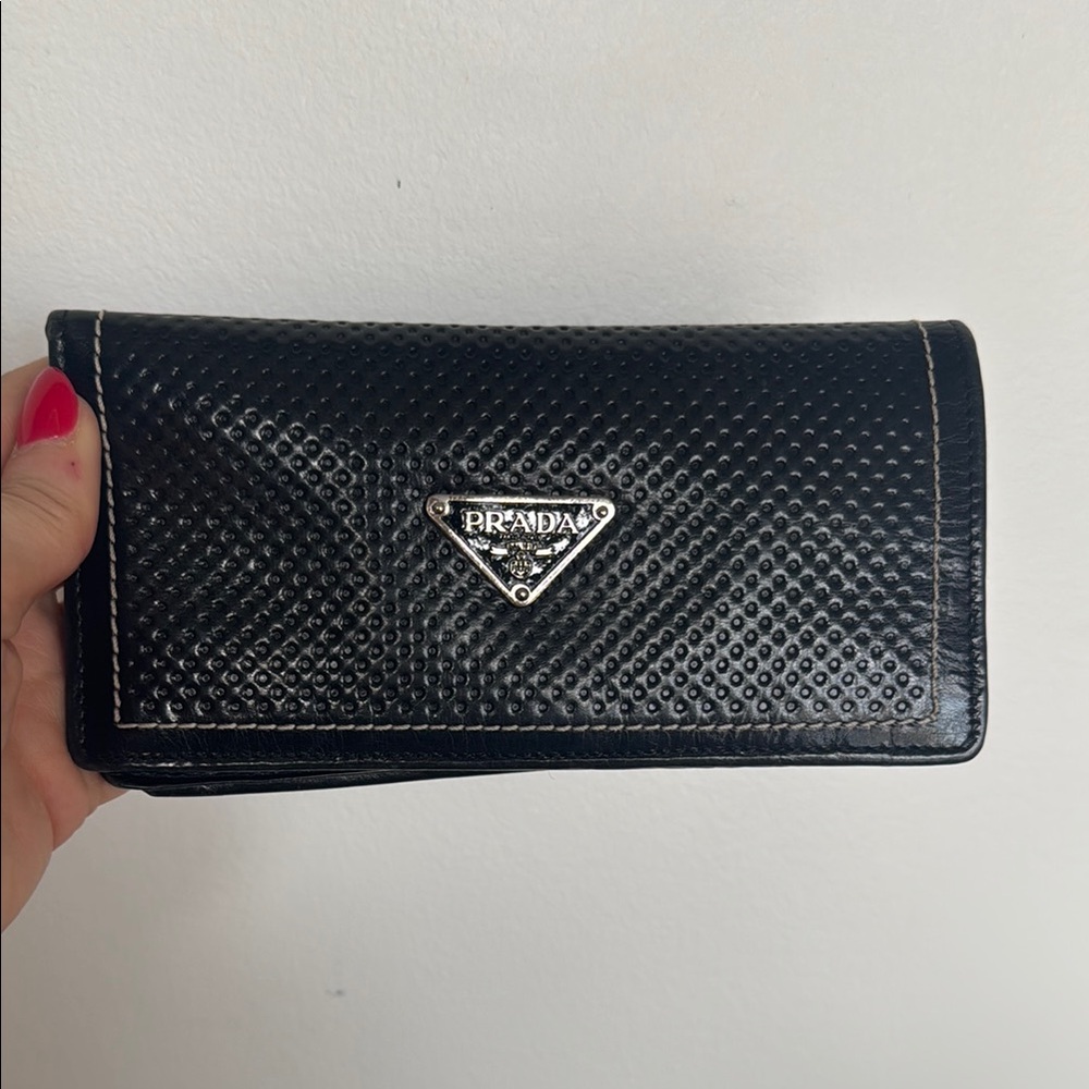 Prada Textured Black Wallet with Silver Logo